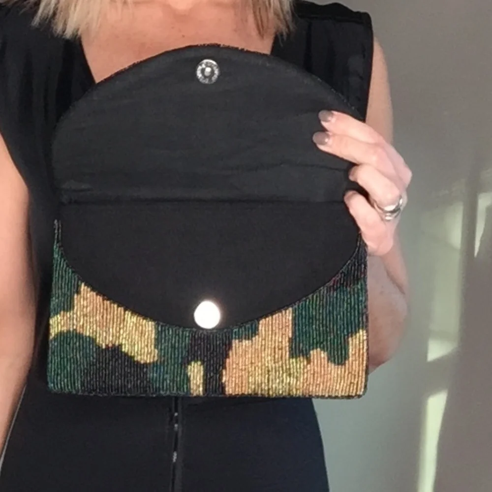 Camouflage Pattern Beaded Clutch